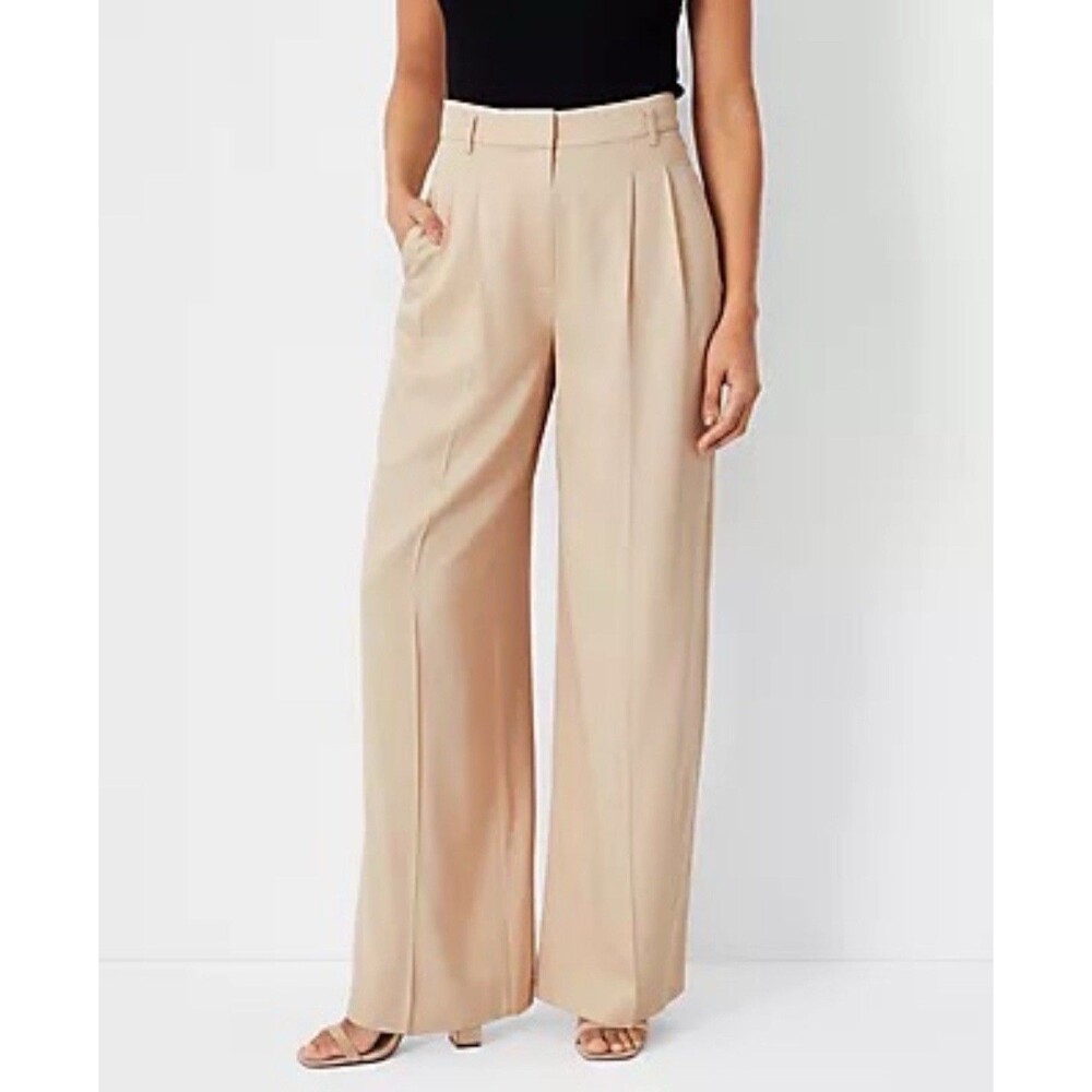 Ann Taylor Linen Blend  Dress Pants Beige High Waisted Wide Leg 6 Petite